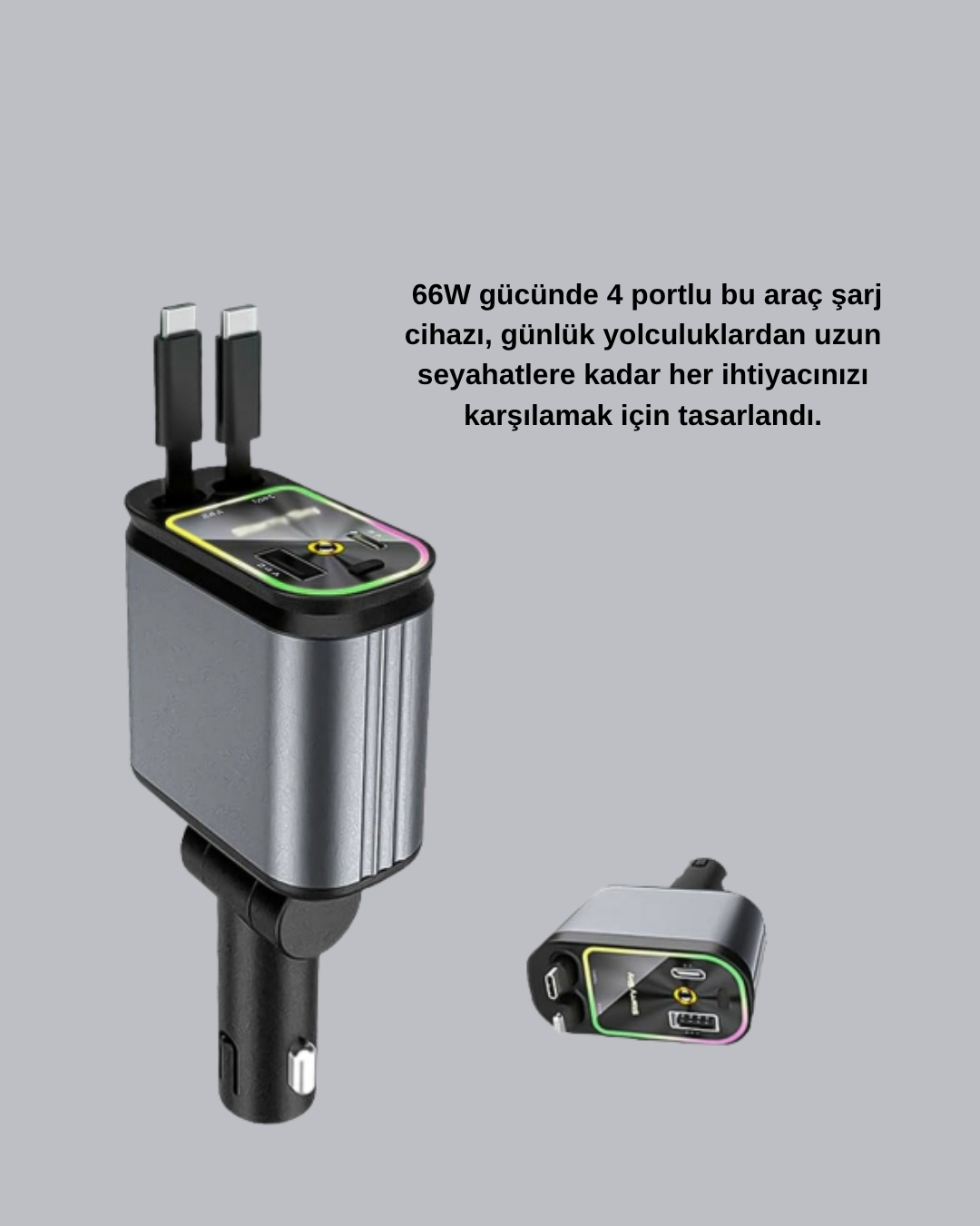 1239135_4-227.png Araç Şarj Adaptörü 66W PD QC Hızlı Şarjlı ve Çekilebilir Kablolu - Görsel 2