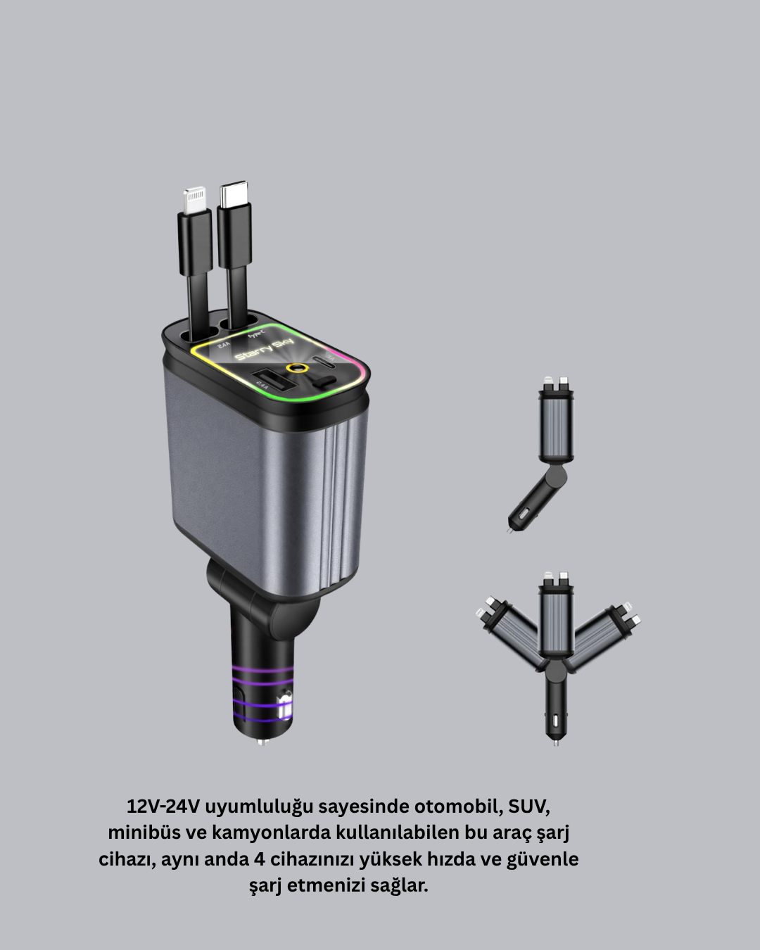 1239135_7-259.png Araç Şarj Adaptörü 66W PD QC Hızlı Şarjlı ve Çekilebilir Kablolu - Görsel 5