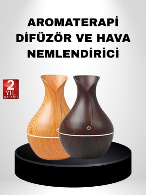 Aromaterapi Difüzör Ahşap Desenli ve Ultrasonik Nemlendirici LED Işıklı