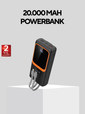 Powerbank 20000 mAh Dijital Ekranlı ve Çok Kablolu Hızlı Şarj Cihazı