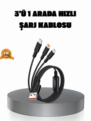 3’ü 1 Arada Şarj Kablosu Type-C iOS Android Uyumlu Hızlı ve Güvenli Şarj