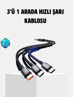 3 Başlıklı Hızlı Şarj Kablosu Metal Alaşımlı Dayanıklı ve Akıllı Çipli