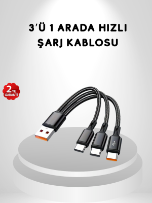 3’ü 1 Arada Hızlı Şarj Kablosu iOS Android Type-C Uyumlu ve Dayanıklı