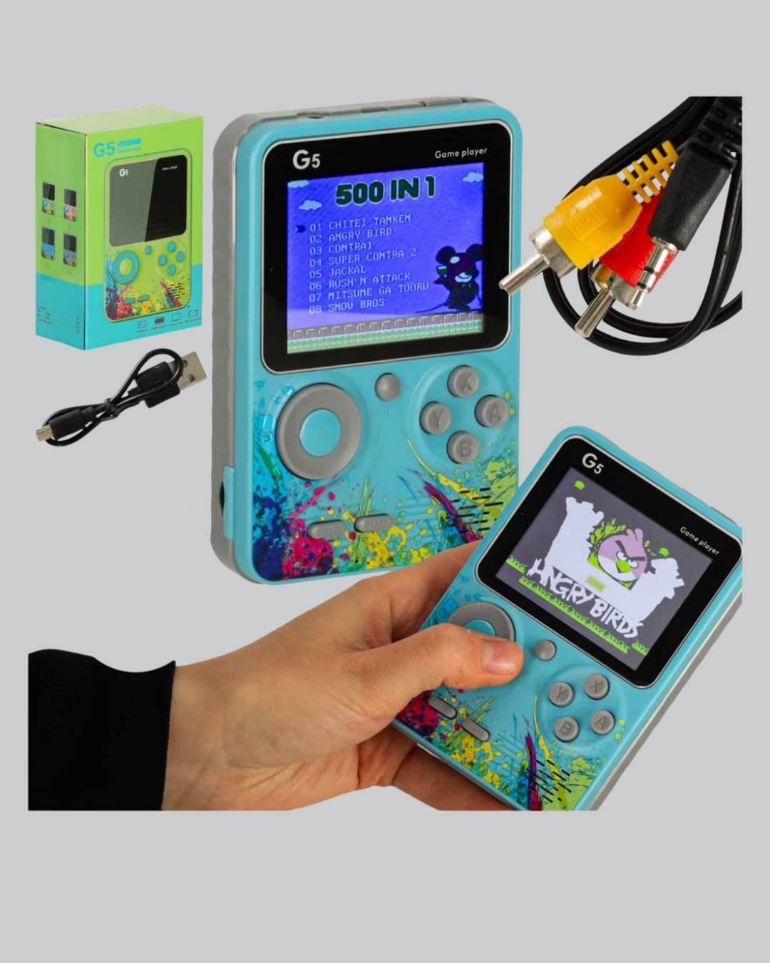 1239300_4-45.png 500 Oyunlu G5 Retro Mini Oyun Konsolu 3 İnç Ekran ve AV TV Desteği - Görsel 2