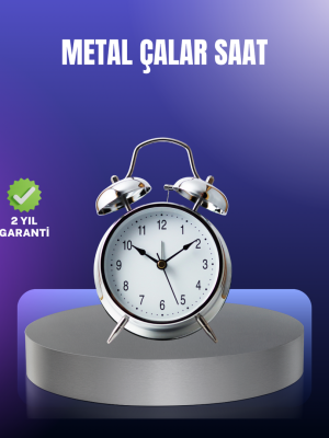 Yuvarlak Gümüş Dekoratif Işıklı Masa Üstü Saat Alarmlı Sessiz Çalışma