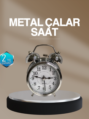 Dekoratif Yuvarlak Gümüş Sessiz Işıklı Masa Üstü Çalar Saat Alarmlı ve Şık Tasarım