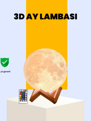 Şarjlı 3D Baskılı 16 Renk Ay Lambası Ahşap Stand ve Uzaktan Kumanda