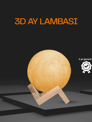 Ahşap Standlı 3D Baskı Ay Lambası 16 Renkli ve Şarjlı Uzaktan Kumandalı