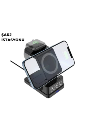 Kablosuz Şarj İstasyonu ve Dijital Saat – Apple Uyumlu, 3 Kademeli Işık Ayarı