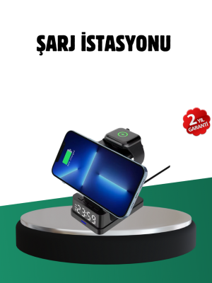 Kablosuz Şarjlı Dijital Masa Saati – 3 Parlaklık Seviyeli LED, Hızlı Şarj, Apple Uyumlu