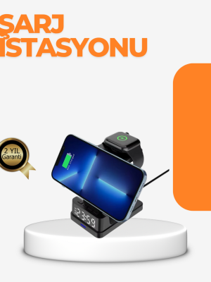 4’ü 1 Arada Kablosuz Şarj İstasyonu – LED Saat Ekranlı, Apple Uyumlu, Akıllı Güvenlik Koruması