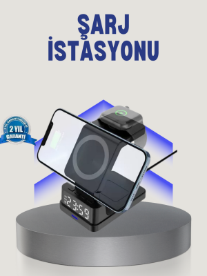 Kablosuz Şarj Cihazı ve Dijital Saat – 4’ü 1 Arada Hızlı Şarj, Apple Uyumlu, LED Işıklı Tasarım