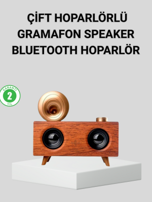Retro Gramafon Bluetooth Hoparlör Çift Stereo Sesli FM Radyo Destekli