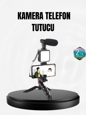 Profesyonel Vlog Çekim Kiti LED Işıklı Tripod Mikrofonlu Telefon Seti