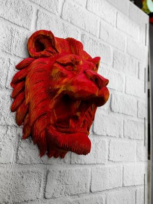 Dekoratif Asılabilir Aslan Başı 3D Duvar Heykeli Gold Red 20x21 cm