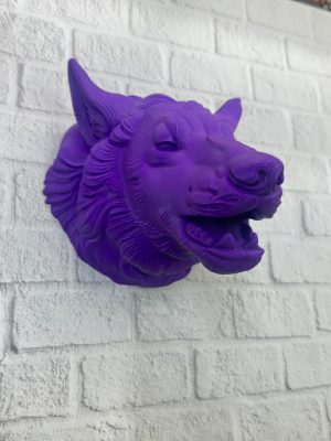 Mor Renk 3D Kurt Başı Duvar Dekoru Asılabilir Maskot Heykel 25x19 cm