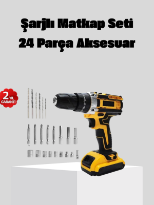 24 Parça Çift Bataryalı Akülü Darbeli Matkap – Güçlü Motor, Metal Dişli, LED Işıklı