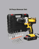 24 Parça Çift Bataryalı Akülü Darbeli Matkap – Güçlü Motor, Metal Dişli, LED Işıklı - Görsel 4