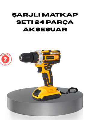 Çift Bataryalı Darbeli Şarjlı Matkap Seti – Metal Dişli, 24 Parça Aksesuar ve LED Işıklı
