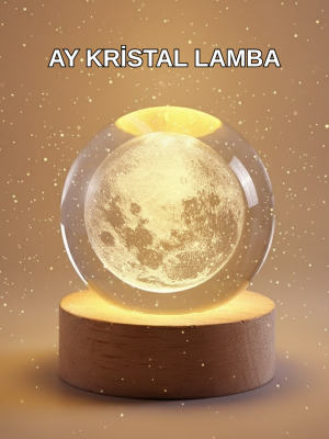 8 cm Ay Desenli Kristal Küre Sıcak LED Işıklı Ahşap Tabanlı Oda Lambası