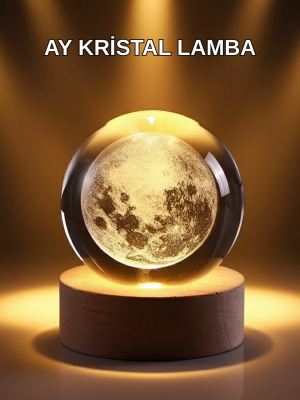 USB Işıklı Ay Kristal Küre 3D Oyma Tasarım Ahşap Standlı Gece Lambası