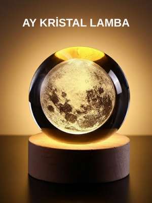 Ay Figürlü 3D Kristal Küre LED Gece Lambası Ahşap Standlı Dekoratif Lamba