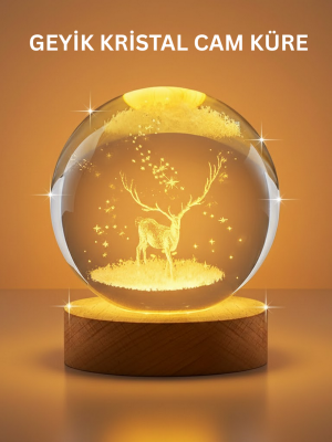 3D Geyik Desenli Kristal Küre USB Işıklı Ahşap Tabanlı Oda Lambası