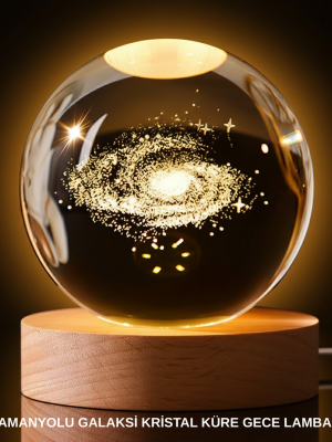 3D Samanyolu Galaksi Kristal Küre USB LED Işıklı Ahşap Standlı Gece Lambası