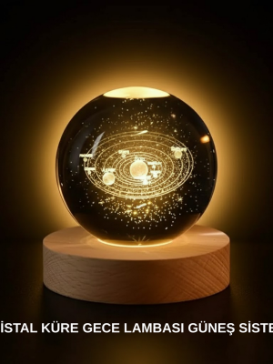 Ahşap Standlı LED Kristal Küre Lazer İşlemeli Dekoratif Obje