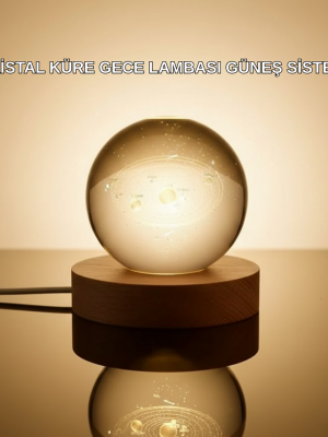 Kristal Gezegen Küre Ahşap Tabanlı USB Işıklı Gece Lambası