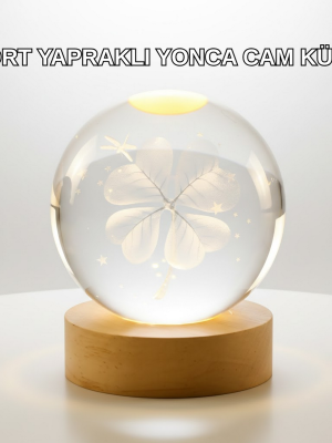 Yonca Figürlü Cam Küre USB Işıklı Ahşap Tabanlı Dekoratif Masa Lambası