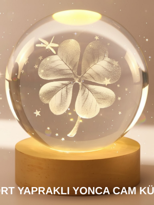 Bitki Temalı LED Işıklı Cam Küre Ahşap Standlı Modern Gece Lambası