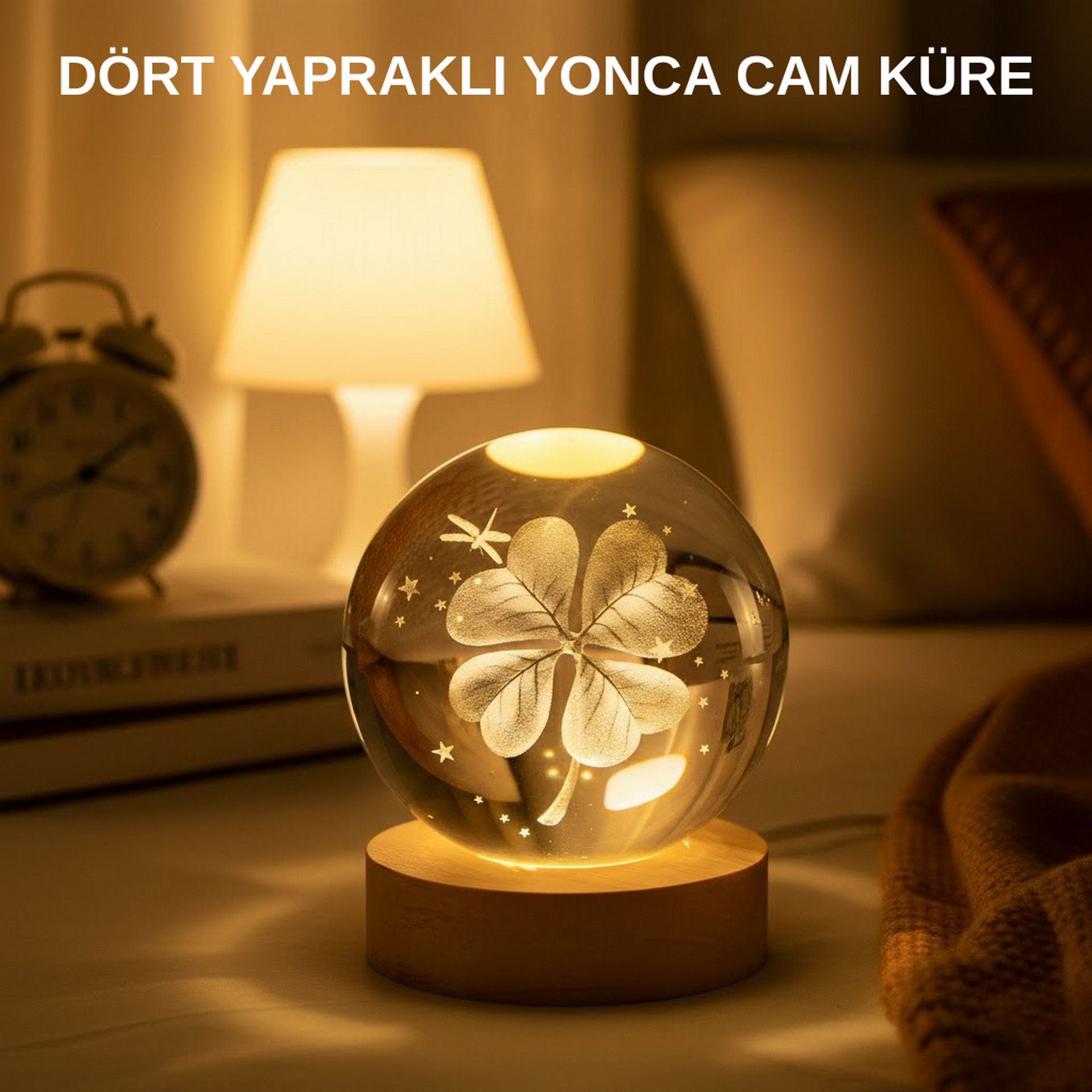 1246545_3-77.png USB Bağlantılı Yonca Bitkili Cam Küre Ahşap Altlıklı Dekoratif Lamba - Görsel 1