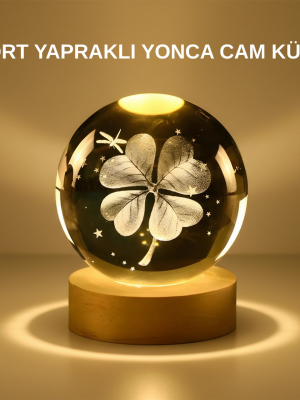 Dekoratif Yonca Görünümlü Işıklı Kristal Cam Küre USB Masa Gece Lambası