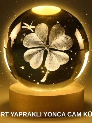 Yonca Bitki Figürlü LED Işıklı Cam Küre USB Ahşap Standlı Gece Lambası