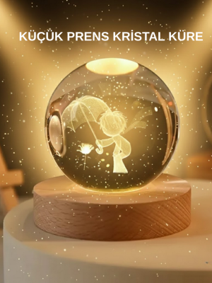 USB LED 3D Küçük Prens Kristal Küre Ahşap Standlı Gece Lambası