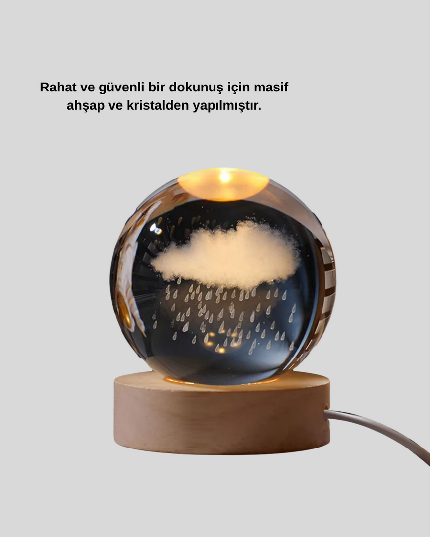 1246555_10-63.png 8 cm 3D Yağmur Bulutu Kristal Küre LED Gece Lambası Ahşap Standlı Tasarım Lamba - Görsel 5