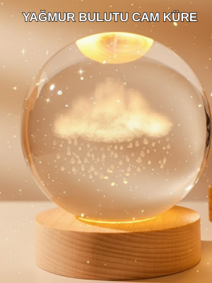 8 cm 3D Yağmur Bulutu Kristal Küre LED Gece Lambası Ahşap Standlı Tasarım Lamba