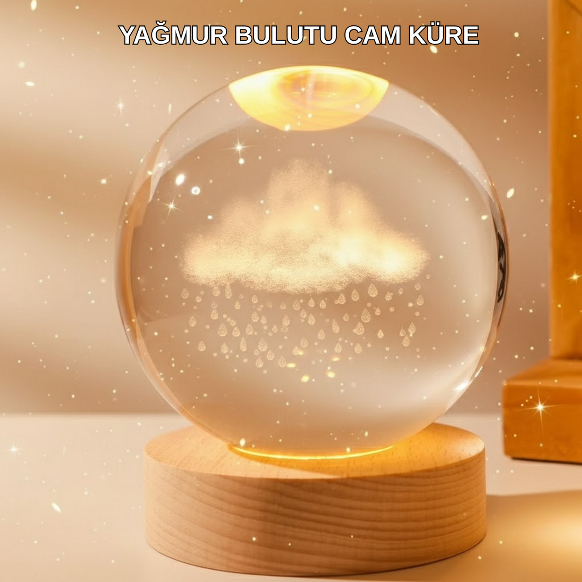 1246555_5-66.png 8 cm 3D Yağmur Bulutu Kristal Küre LED Gece Lambası Ahşap Standlı Tasarım Lamba - Görsel 1