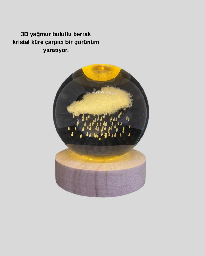 1246555_8-64.png 8 cm 3D Yağmur Bulutu Kristal Küre LED Gece Lambası Ahşap Standlı Tasarım Lamba - Görsel 3