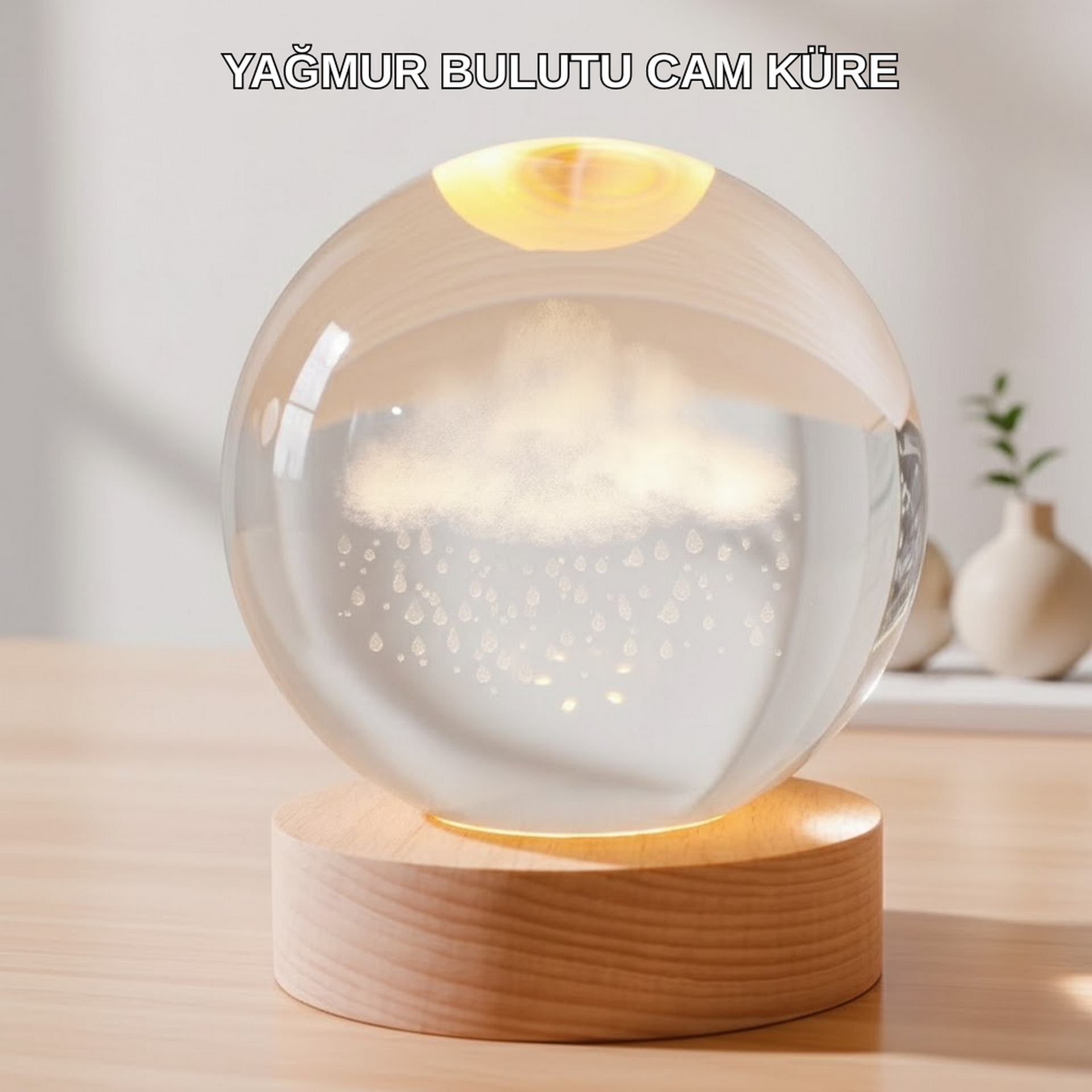 1246556_4-68.png USB Bağlantılı 3D Kristal Yağmur Bulutu Lamba Ahşap Tabanlı Dekoratif Aydınlatma - Görsel 1