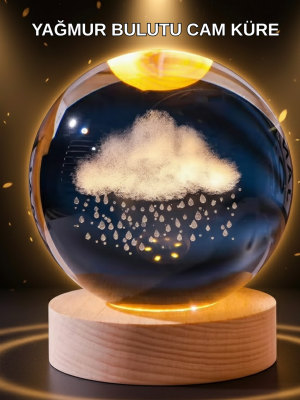 LED Sıcak Işıklı 3D Bulut Figürlü Kristal Küre Ahşap Standlı Gece Lambası