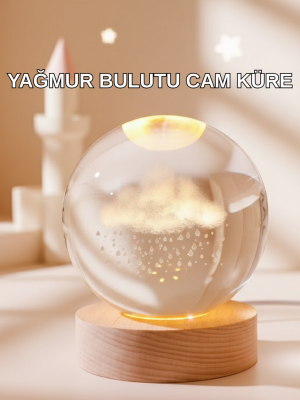 3D Yağmur Bulutu Desenli Kristal Top USB Gece Lambası Ahşap Tabanlı Dekoratif Lamba