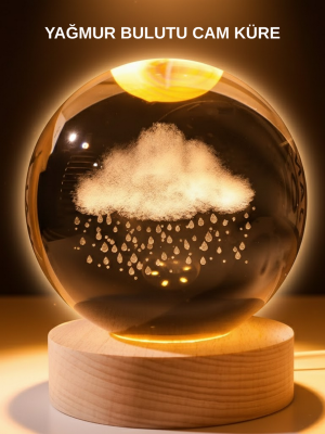 USB LED 3D Yağmur Bulutu Kristal Küre Sıcak Işıklı Ahşap Standlı Gece Lambası
