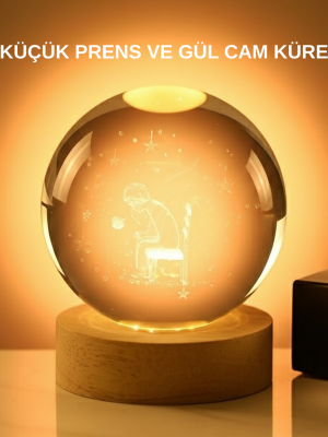 8 cm Küçük Prens Cam Küre USB Işıklı Ahşap Tabanlı Dekor