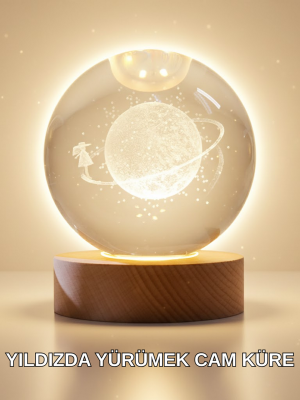 Ahşap Standlı Sarı Işıklı Dekoratif Küre Kız Figürü Tasarım