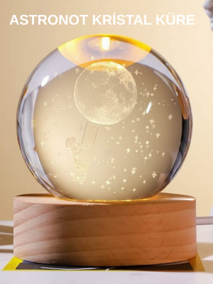 Ahşap Tabanlı 3D Astronot Küre Lamba Çocuk Odası ve Masa Üstü Dekor