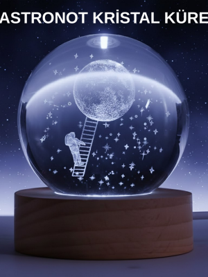 Lazer İşlemeli 3D Astronot Kristal Küre LED Işıklı Uzay Temalı Gece Lambası