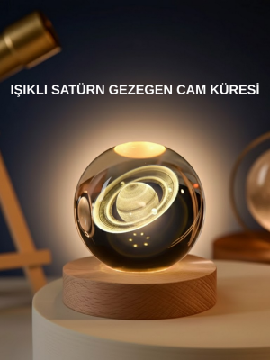 Satürn Gezegenli Kristal Küre LED Lamba USB’li Ahşap Standlı