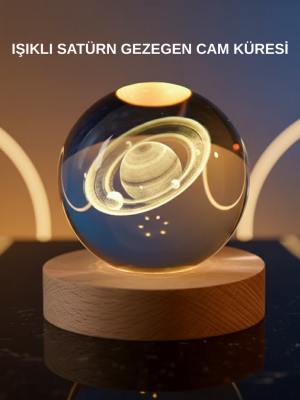 3D Satürn Gravürlü Kristal Küre Dekoratif LED Işıklı Gece Lambası